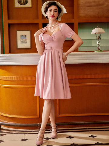 Vintage Elegant Women A-Line Dress, Short Sleeve With Ruffle Pleated Hem, Heart Shaped