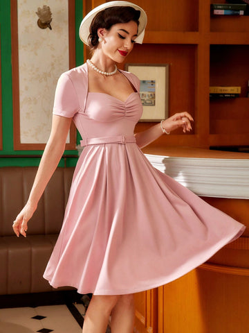 Vintage Elegant Women A-Line Dress, Short Sleeve With Ruffle Pleated Hem, Heart Shaped