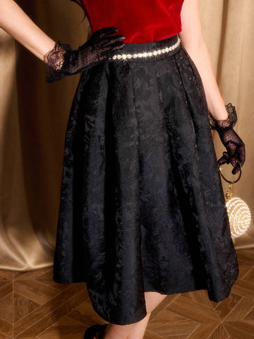 DECDS Vintage Elegant Women Jacquard Satin Black Skirt With Pockets & Flared Hem