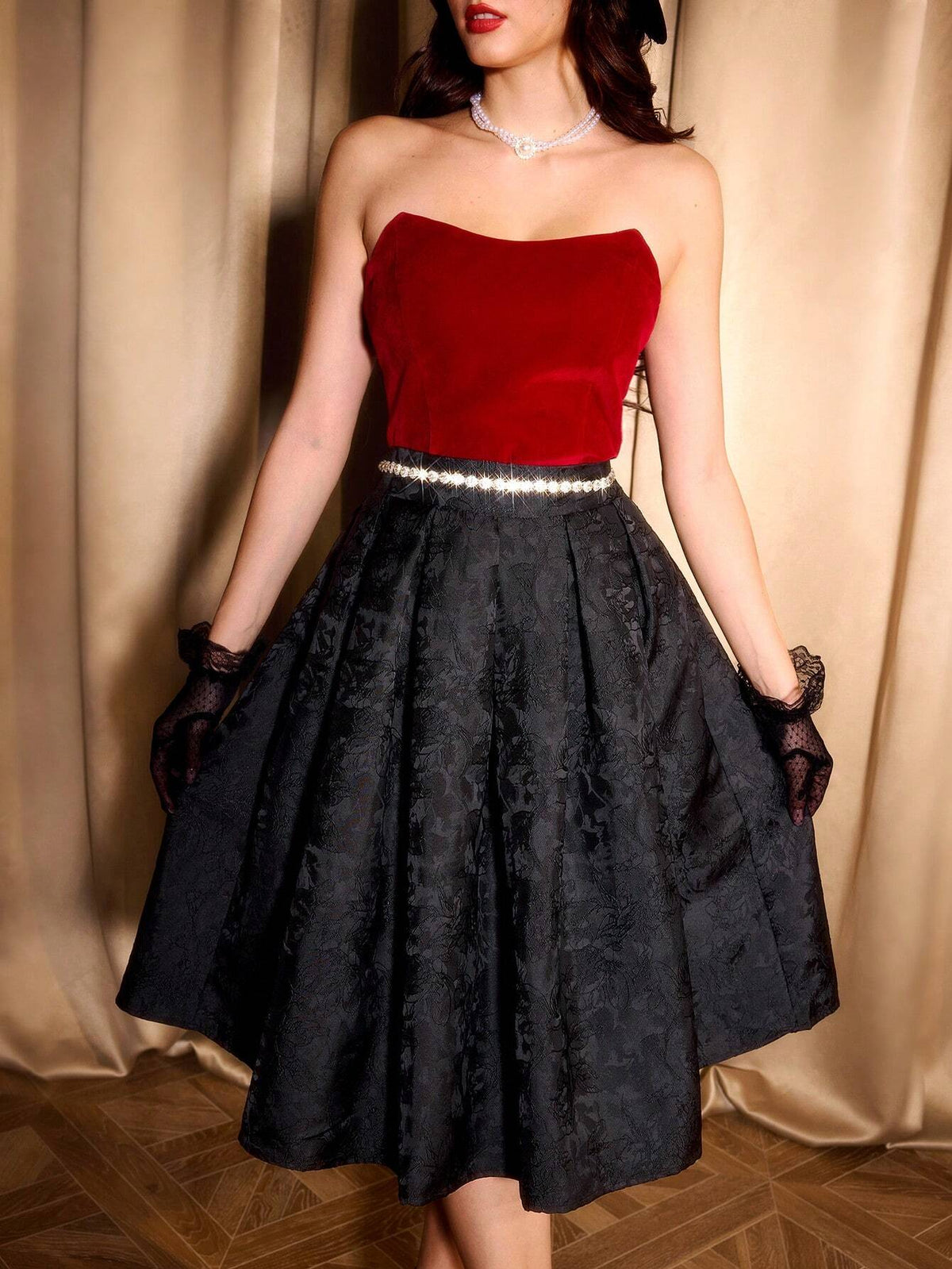 DECDS Vintage Elegant Women Jacquard Satin Black Skirt With Pockets & Flared Hem