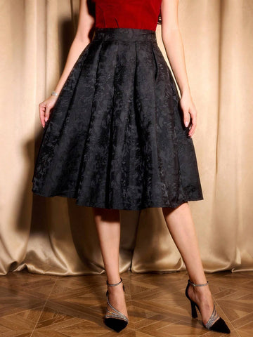DECDS Vintage Elegant Women Jacquard Satin Black Skirt With Pockets & Flared Hem
