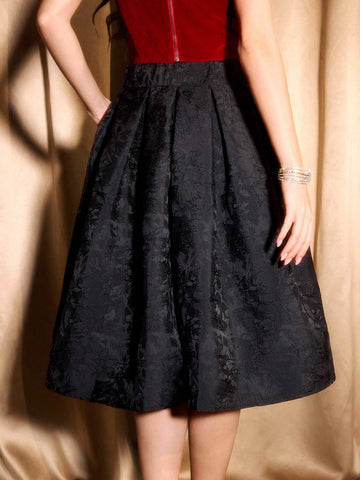 DECDS Vintage Elegant Women Jacquard Satin Black Skirt With Pockets & Flared Hem