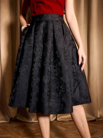 DECDS Vintage Elegant Women Jacquard Satin Black Skirt With Pockets & Flared Hem