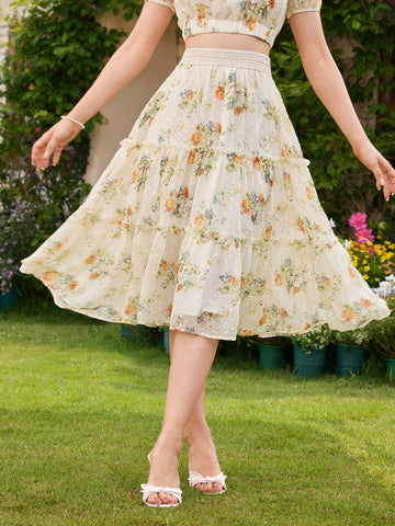 DECDS Vintage Elegant Women's A-Line Skirt, Spring/Summer Loose Flower Print Chiffon Skirt With Ruffles And Pleats, Vacation Umbrella Skirt,