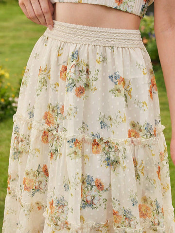 DECDS Vintage Elegant Women's A-Line Skirt, Spring/Summer Loose Flower Print Chiffon Skirt With Ruffles And Pleats, Vacation Umbrella Skirt,