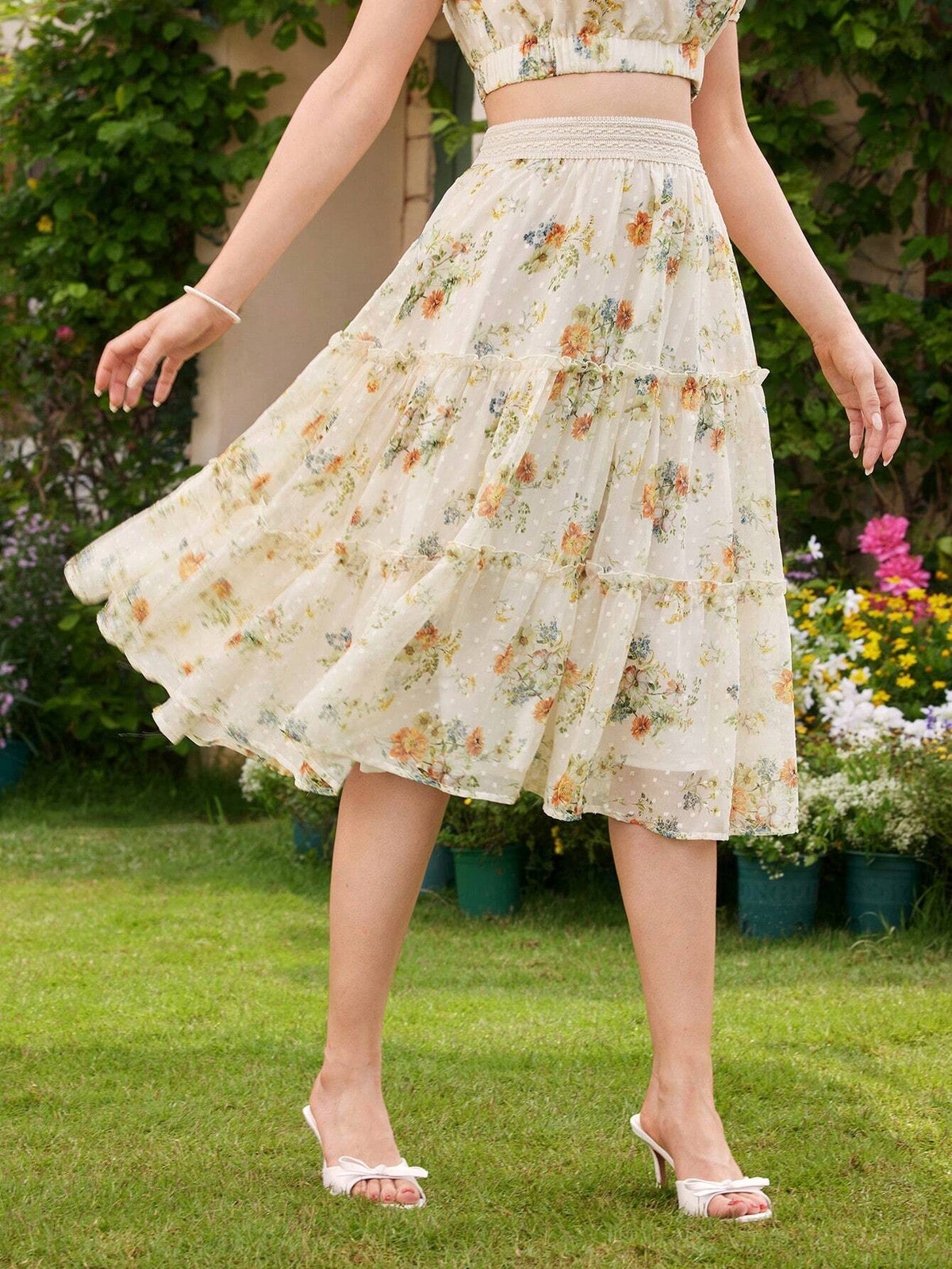 DECDS Vintage Elegant Women's A-Line Skirt, Spring/Summer Loose Flower Print Chiffon Skirt With Ruffles And Pleats, Vacation Umbrella Skirt,