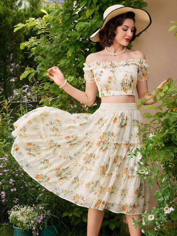 DECDS Vintage Elegant Women's A-Line Skirt, Spring/Summer Loose Flower Print Chiffon Skirt With Ruffles And Pleats, Vacation Umbrella Skirt,