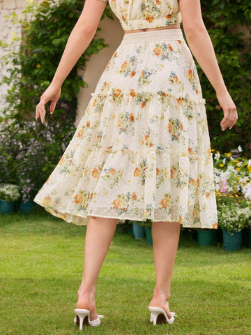 DECDS Vintage Elegant Women's A-Line Skirt, Spring/Summer Loose Flower Print Chiffon Skirt With Ruffles And Pleats, Vacation Umbrella Skirt,