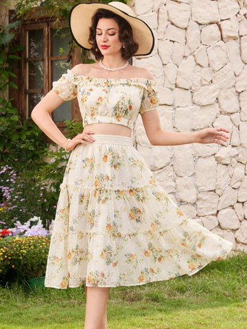 DECDS Vintage Elegant Women's A-Line Skirt, Spring/Summer Loose Flower Print Chiffon Skirt With Ruffles And Pleats, Vacation Umbrella Skirt,