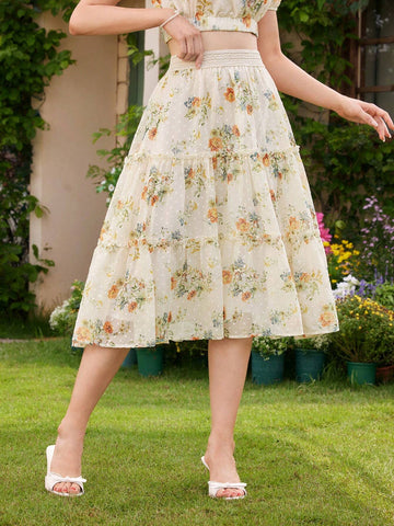 DECDS Vintage Elegant Women's A-Line Skirt, Spring/Summer Loose Flower Print Chiffon Skirt With Ruffles And Pleats, Vacation Umbrella Skirt,