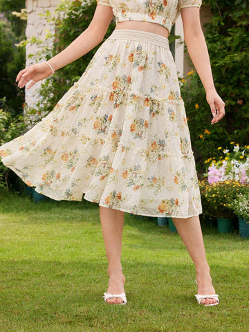 DECDS Vintage Elegant Women's A-Line Skirt, Spring/Summer Loose Flower Print Chiffon Skirt With Ruffles And Pleats, Vacation Umbrella Skirt,