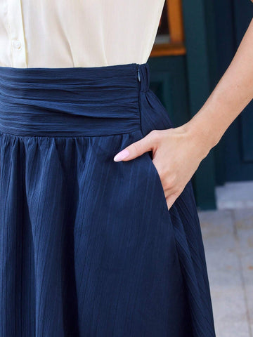 DECDS Vintage Elegant Women's A-Line Skirt, Spring/Summer, Loose Striped Texture Jacquard Vacation Skirt With Blue Reflective Pocket