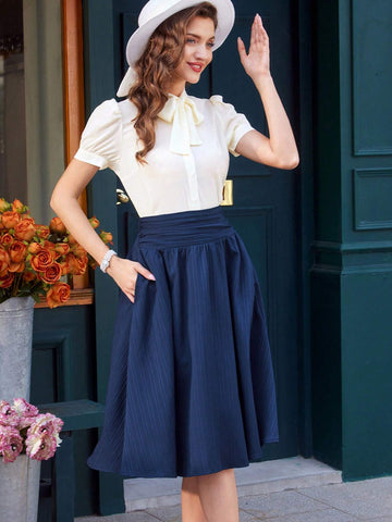 DECDS Vintage Elegant Women's A-Line Skirt, Spring/Summer, Loose Striped Texture Jacquard Vacation Skirt With Blue Reflective Pocket