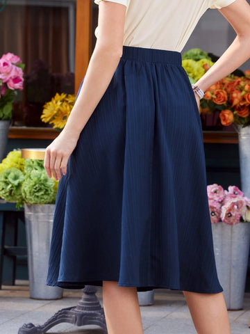 DECDS Vintage Elegant Women's A-Line Skirt, Spring/Summer, Loose Striped Texture Jacquard Vacation Skirt With Blue Reflective Pocket