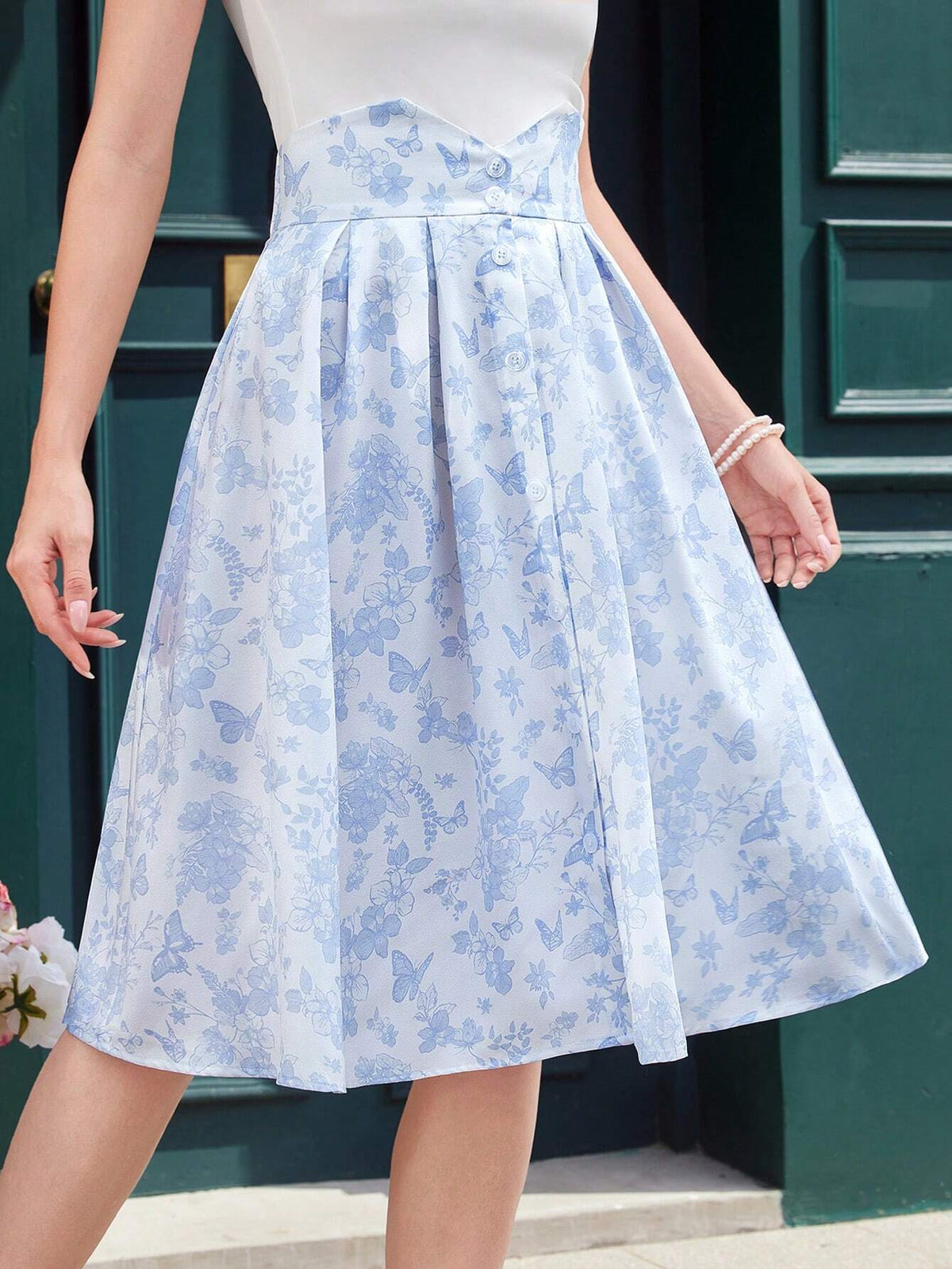 DECDS Vintage Elegant Women's Blue And White Floral Umbrella Skirt, Summer