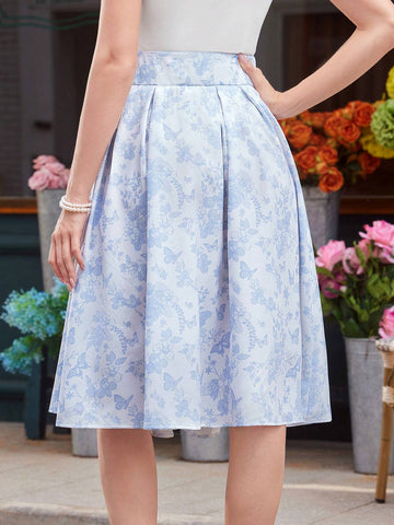 DECDS Vintage Elegant Women's Blue And White Floral Umbrella Skirt, Summer
