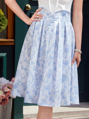 DECDS Vintage Elegant Women's Blue And White Floral Umbrella Skirt, Summer