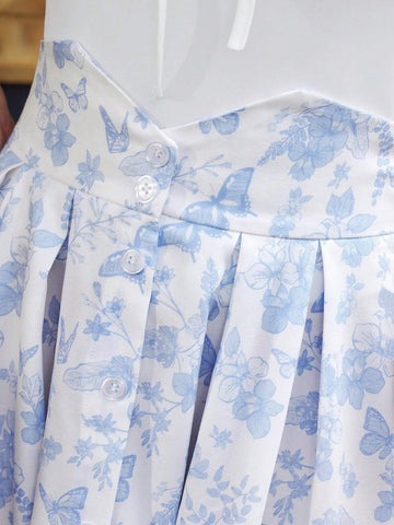 DECDS Vintage Elegant Women's Blue And White Floral Umbrella Skirt, Summer