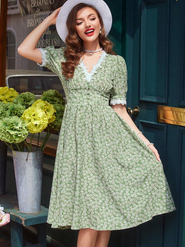 Vintage Elegant Women's Dress, Loose Fit, Ditsy Floral, V-Neck, Puff Sleeve, Ruffle Hem, Light Green