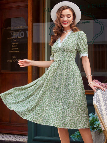 Vintage Elegant Women's Dress, Loose Fit, Ditsy Floral, V-Neck, Puff Sleeve, Ruffle Hem, Light Green