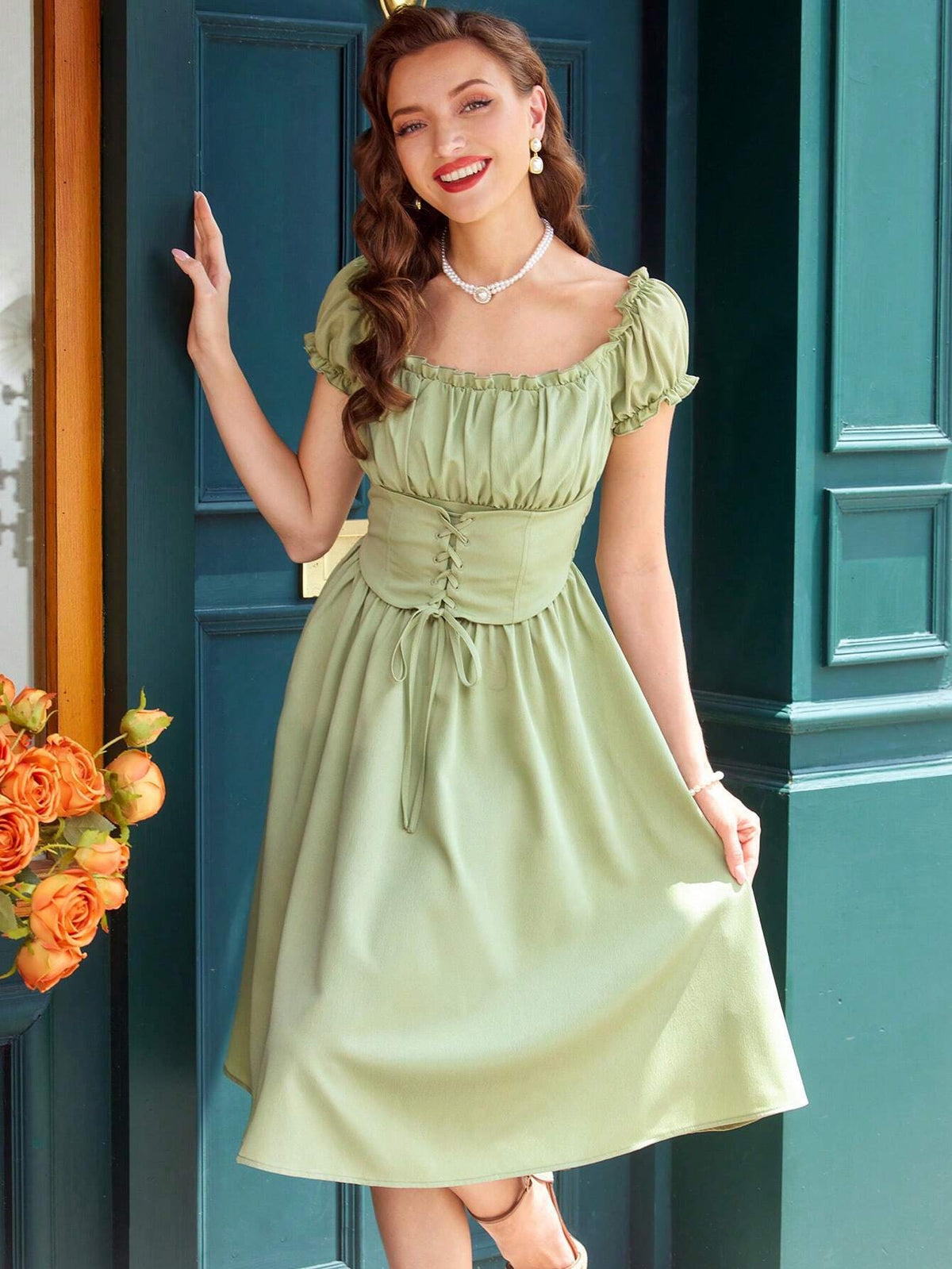 Women's Dress, Loose Fit, Square Neckline, Puff Sleeves, Pleats, Ruffles, Waist Belt,