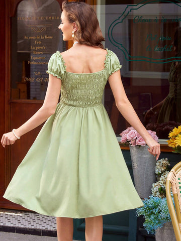 Women's Dress, Loose Fit, Square Neckline, Puff Sleeves, Pleats, Ruffles, Waist Belt,