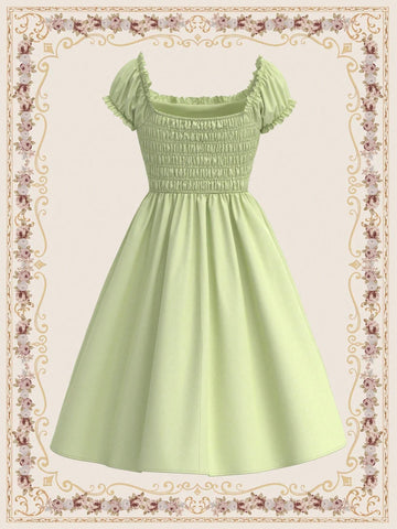 Women's Dress, Loose Fit, Square Neckline, Puff Sleeves, Pleats, Ruffles, Waist Belt,