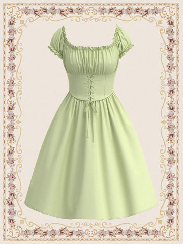 Women's Dress, Loose Fit, Square Neckline, Puff Sleeves, Pleats, Ruffles, Waist Belt,