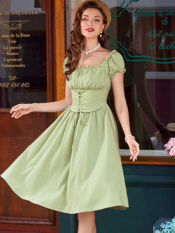 Women's Dress, Loose Fit, Square Neckline, Puff Sleeves, Pleats, Ruffles, Waist Belt,
