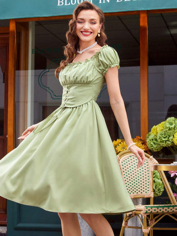 Women's Dress, Loose Fit, Square Neckline, Puff Sleeves, Pleats, Ruffles, Waist Belt,