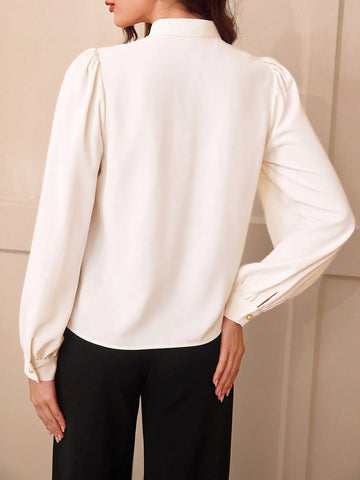 DECDS Vintage Elegant Women's Fitted Polka Dot Tie Collar Long Sleeve Blouse, Apricot