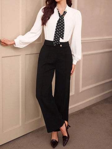 DECDS Vintage Elegant Women's Fitted Polka Dot Tie Collar Long Sleeve Blouse, Apricot