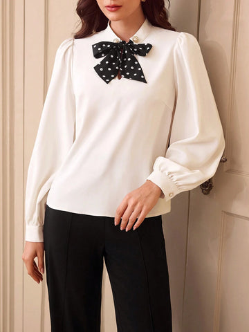 DECDS Vintage Elegant Women's Fitted Polka Dot Tie Collar Long Sleeve Blouse, Apricot