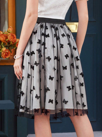 DECDS Vintage Elegant Women's Flocked Umbrella Skirt, Summer