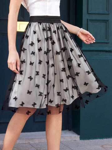DECDS Vintage Elegant Women's Flocked Umbrella Skirt, Summer