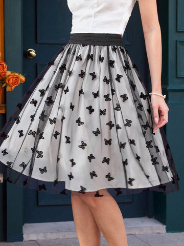 DECDS Vintage Elegant Women's Flocked Umbrella Skirt, Summer