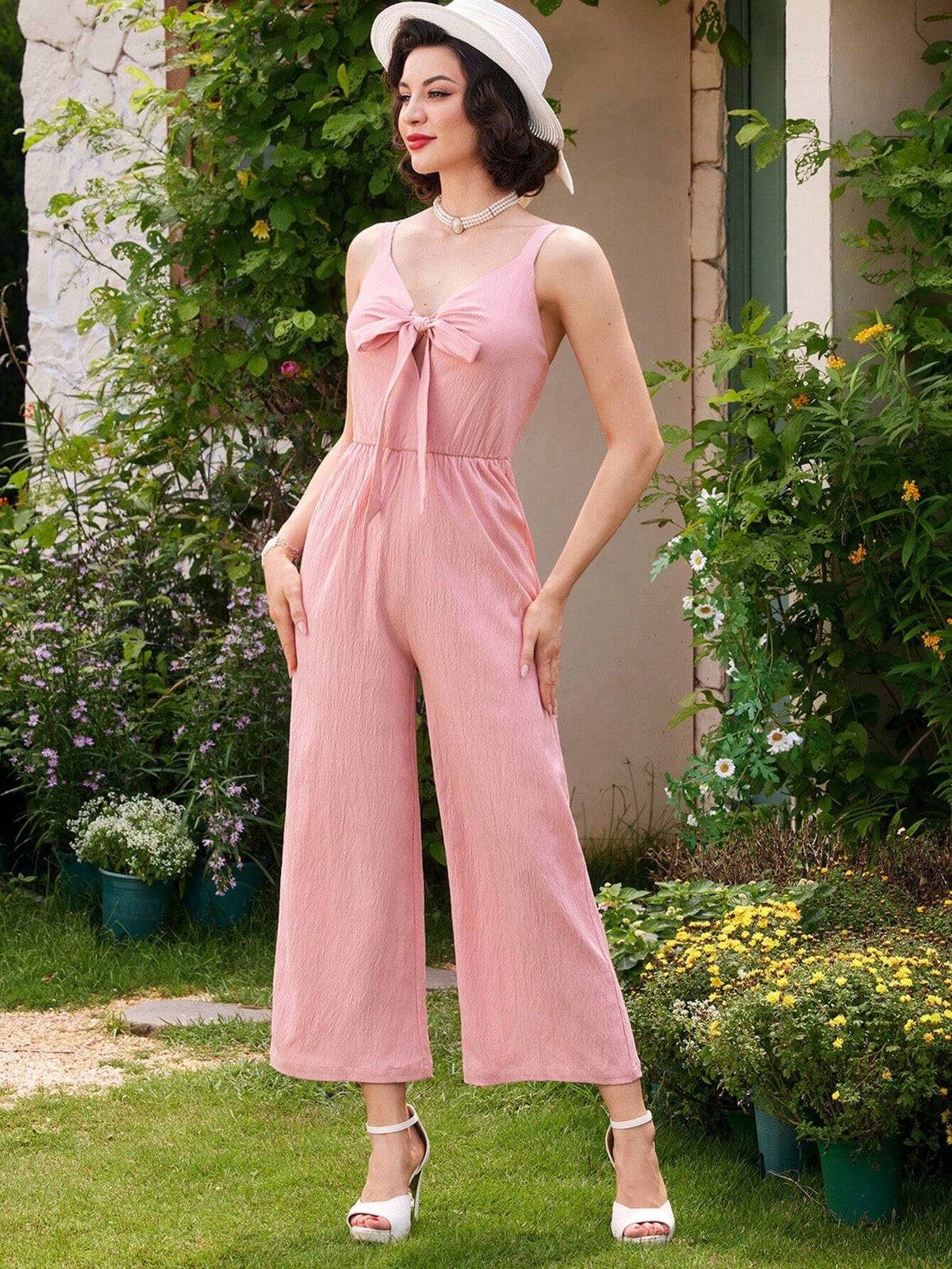 Vintage Elegant Women's Jumpsuit With Bowknot Strap, Spring/Summer, Wide-Legged