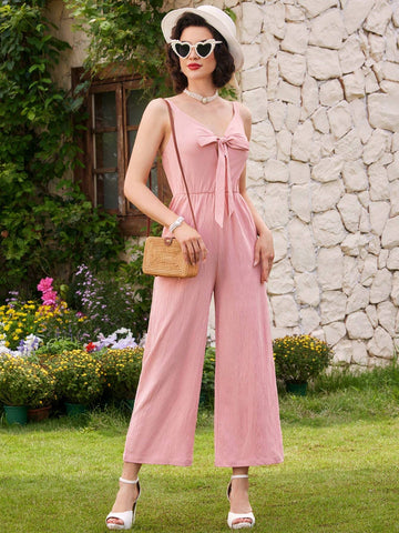 Vintage Elegant Women's Jumpsuit With Bowknot Strap, Spring/Summer, Wide-Legged