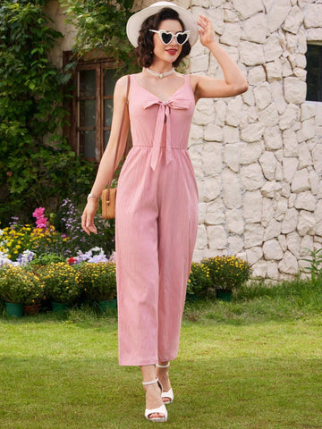Vintage Elegant Women's Jumpsuit With Bowknot Strap, Spring/Summer, Wide-Legged