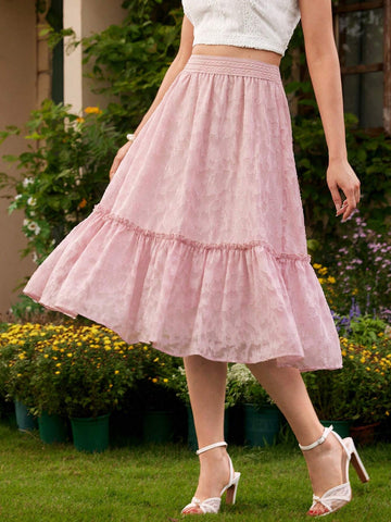 DECDS Vintage Elegant Women's Loose Fit Skirt, Spring/Summer, Featuring Floral Design, Chiffon, Scalloped Edges, Pleats, Pink, Holiday Umbrella Skirt