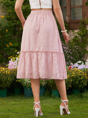 DECDS Vintage Elegant Women's Loose Fit Skirt, Spring/Summer, Featuring Floral Design, Chiffon, Scalloped Edges, Pleats, Pink, Holiday Umbrella Skirt