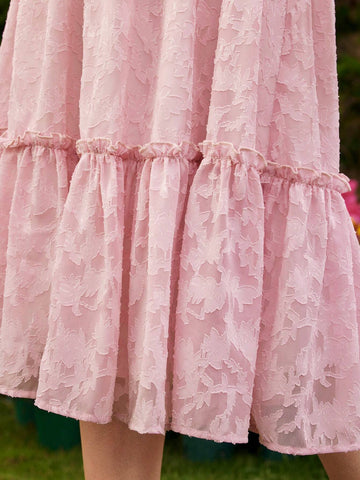 DECDS Vintage Elegant Women's Loose Fit Skirt, Spring/Summer, Featuring Floral Design, Chiffon, Scalloped Edges, Pleats, Pink, Holiday Umbrella Skirt