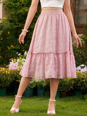 DECDS Vintage Elegant Women's Loose Fit Skirt, Spring/Summer, Featuring Floral Design, Chiffon, Scalloped Edges, Pleats, Pink, Holiday Umbrella Skirt