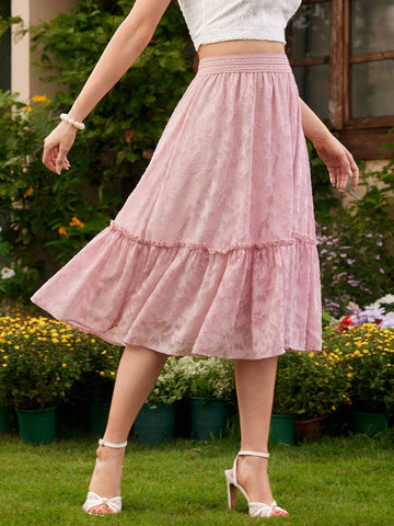 DECDS Vintage Elegant Women's Loose Fit Skirt, Spring/Summer, Featuring Floral Design, Chiffon, Scalloped Edges, Pleats, Pink, Holiday Umbrella Skirt