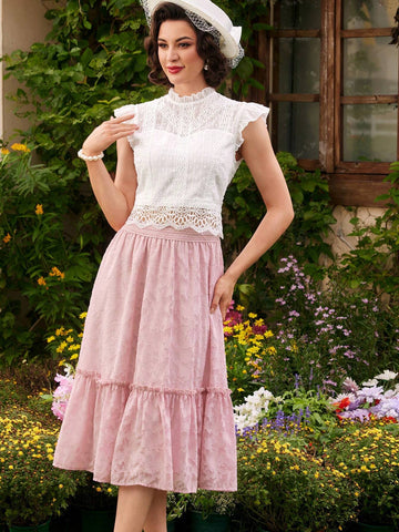 DECDS Vintage Elegant Women's Loose Fit Skirt, Spring/Summer, Featuring Floral Design, Chiffon, Scalloped Edges, Pleats, Pink, Holiday Umbrella Skirt
