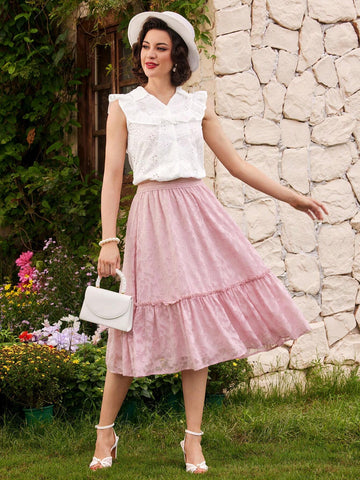 DECDS Vintage Elegant Women's Loose Fit Skirt, Spring/Summer, Featuring Floral Design, Chiffon, Scalloped Edges, Pleats, Pink, Holiday Umbrella Skirt