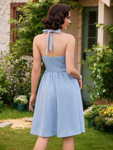 Vintage Elegant Women's Vacation Dress, Spring/Summer Slim Blue Dress With Halter Neckline