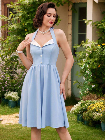 Vintage Elegant Women's Vacation Dress, Spring/Summer Slim Blue Dress With Halter Neckline