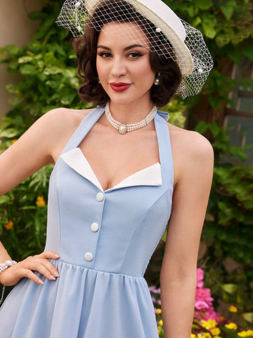Vintage Elegant Women's Vacation Dress, Spring/Summer Slim Blue Dress With Halter Neckline
