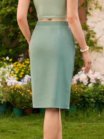 DECDS Vintage Leisure Women's Skirt, Spring/Summer, Wrap Style Pleated Green Skirt With Belt